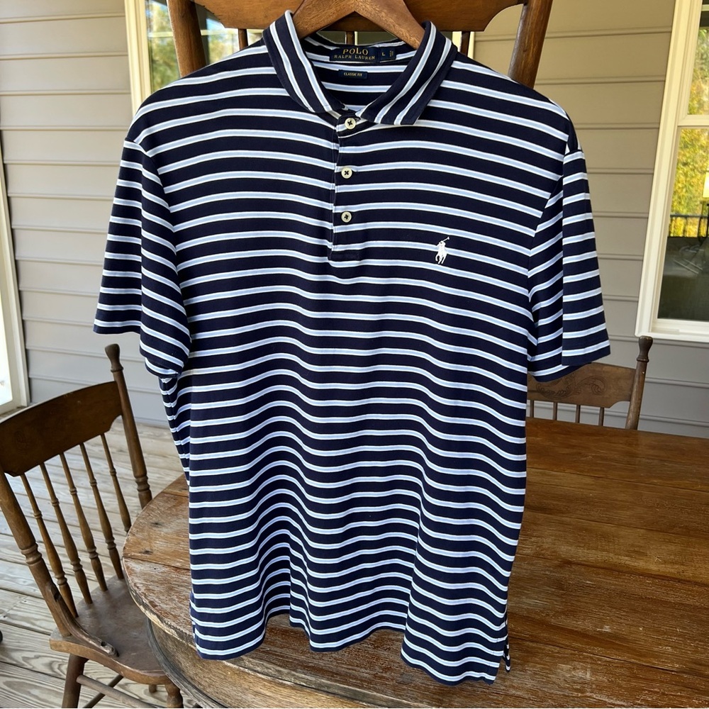 Ralph Lauren Polo Shirt Men's 100% Cotton Navy Baby Blue Stripes Classic Fit L